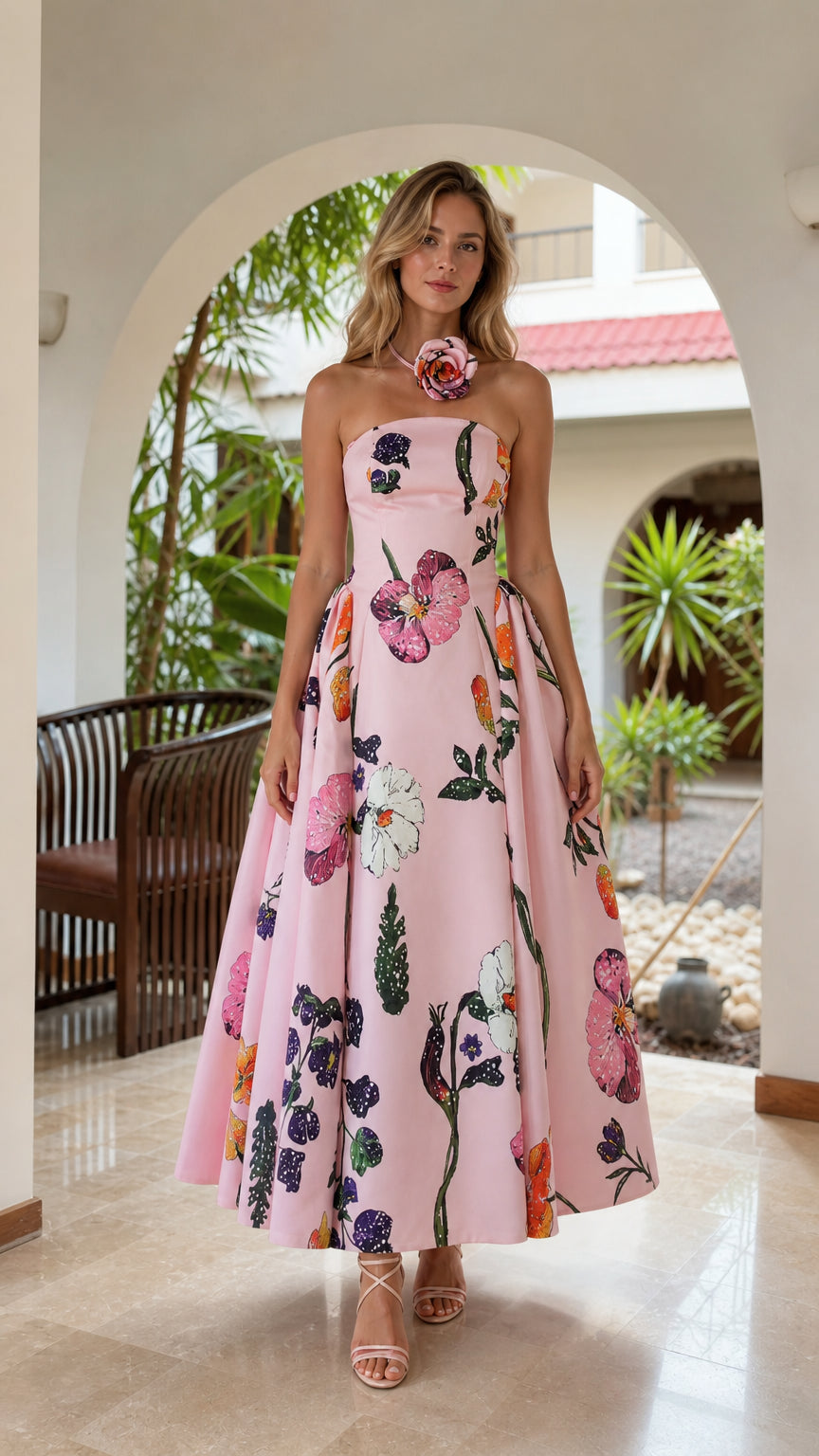 Model wearing pink floral strapless midi dress from the front