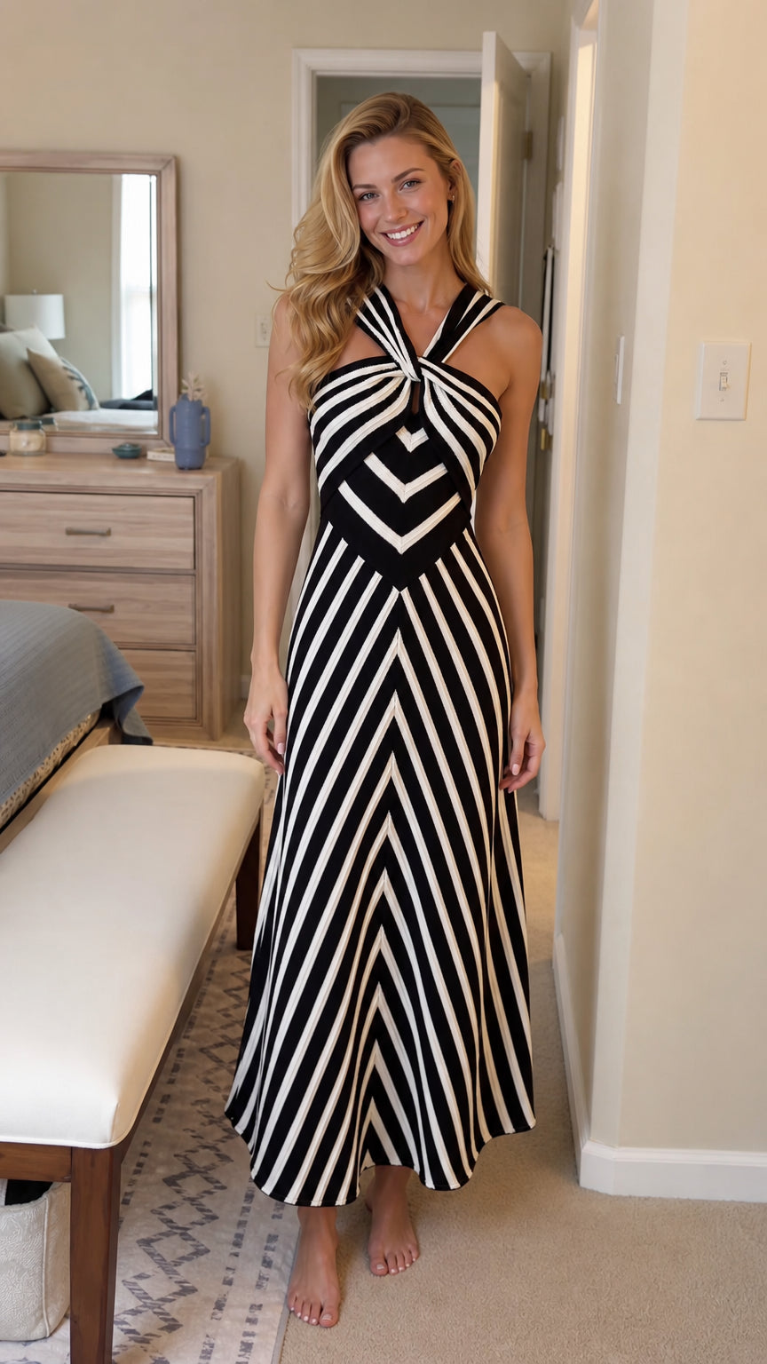 Front view of model wearing black and white striped halter maxi dress