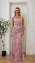 Front view of model wearing pink beaded sequin evening dress