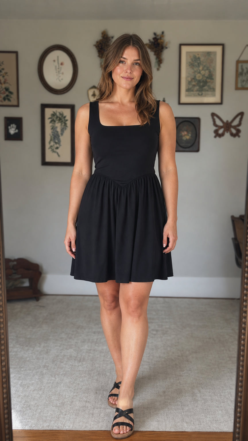 Front view of woman wearing black square neck mini dress