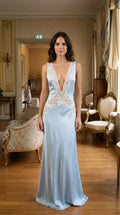 Front view of light blue satin maxi dress with lace trim