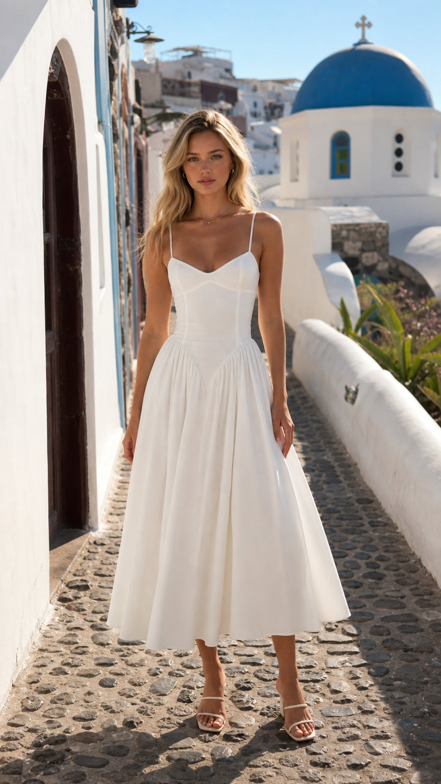 Front view of woman wearing white corset midi dress