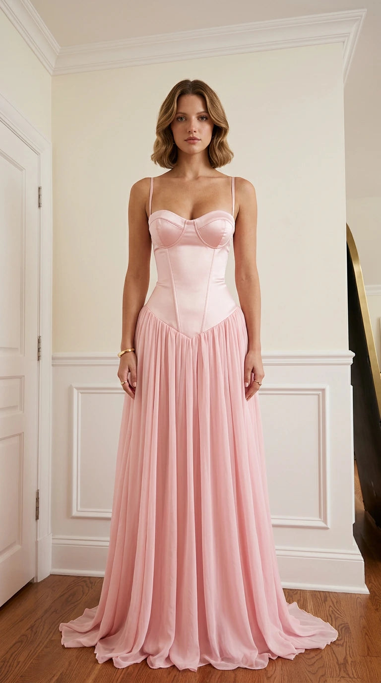 Front view of pink satin corset bodice chiffon maxi evening dress