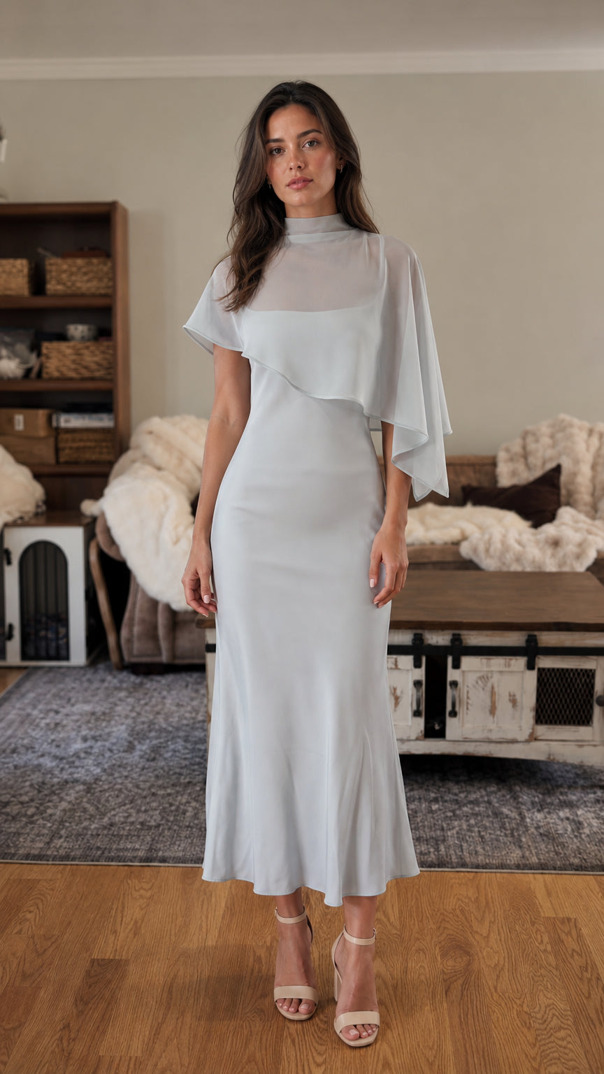 Front view of light blue mock neck cape sleeve midi dress