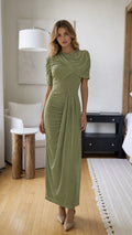 Front view of model wearing Sage Green draped maxi dress