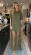 Front view of model wearing olive tee style contrast maxi dress