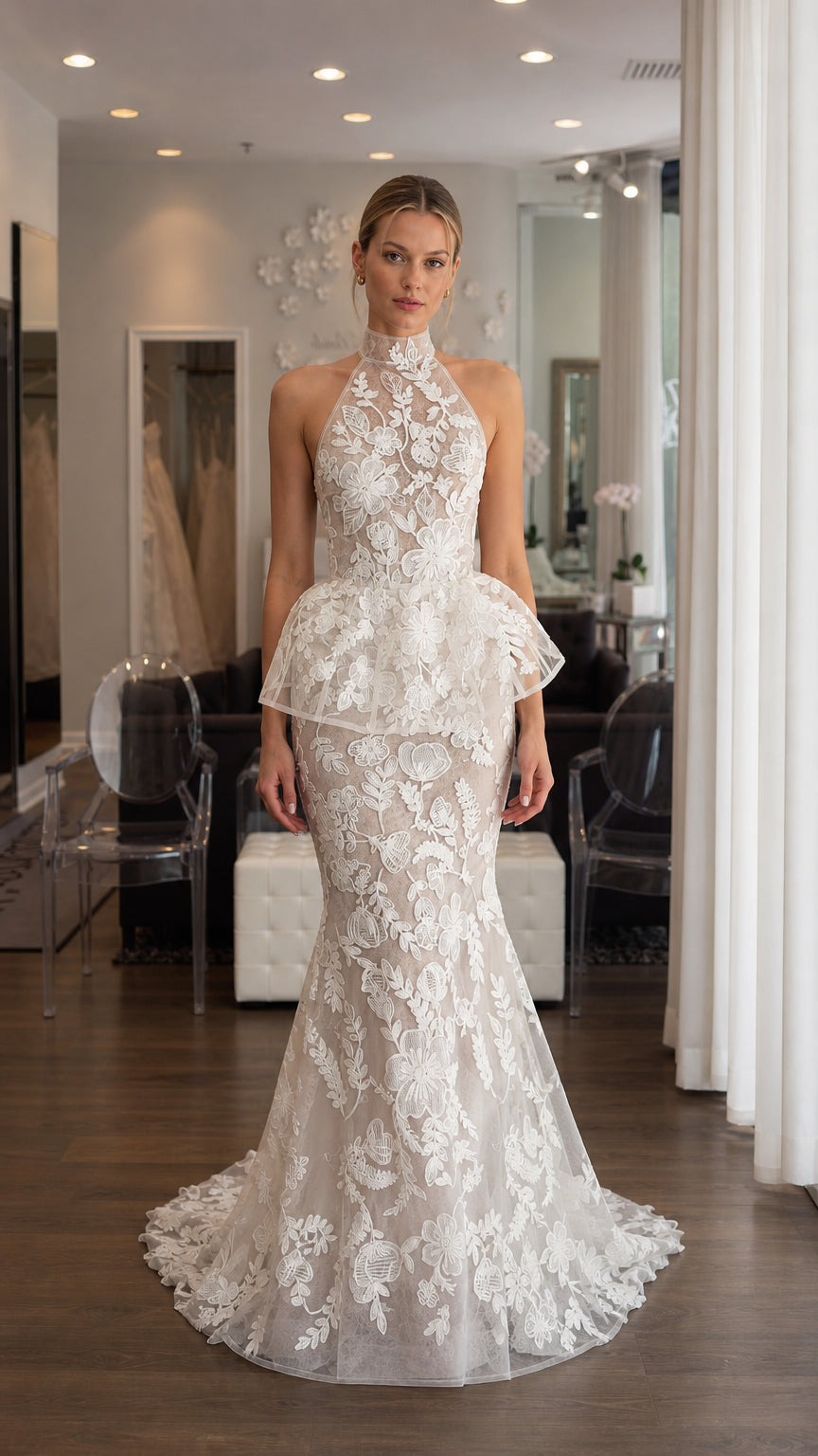Front view of white floral lace halter peplum mermaid evening dress