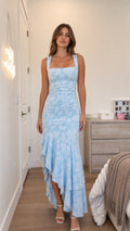 Front view of light blue floral jacquard maxi dress