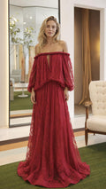Front view of burgundy off-the-shoulder lace maxi dress