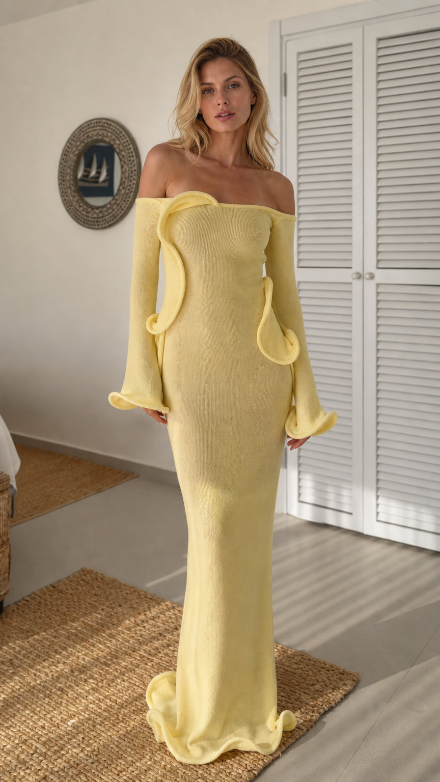 Front view of yellow off-shoulder ruffle knit maxi dress