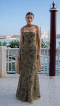 Front view of olive embellished evening gown with shawl