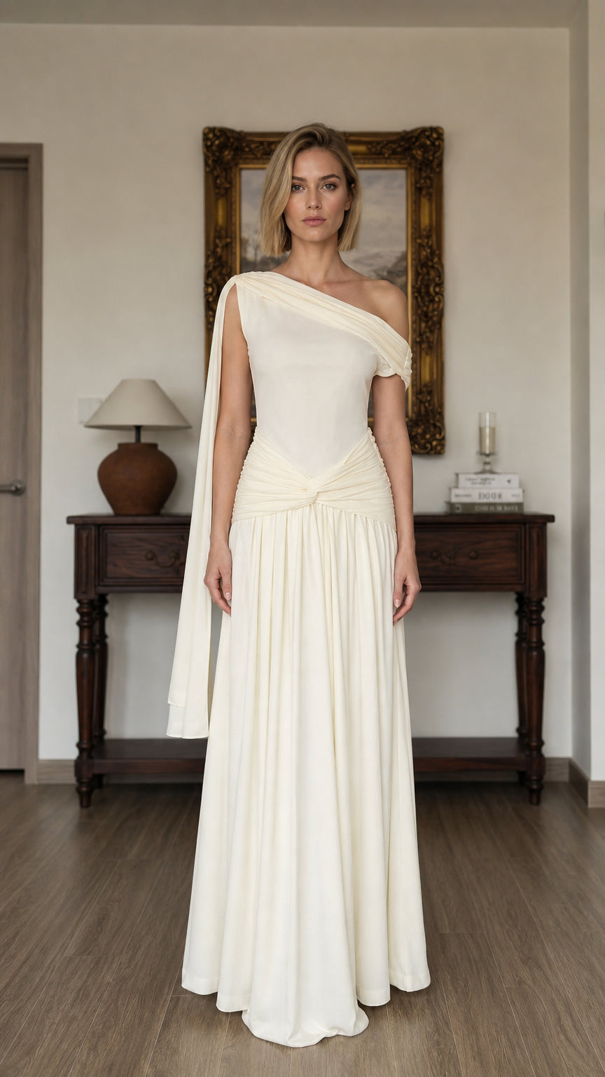 Front view of Ivory one-shoulder drape maxi dress