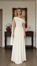 Front view of Ivory one-shoulder drape maxi dress