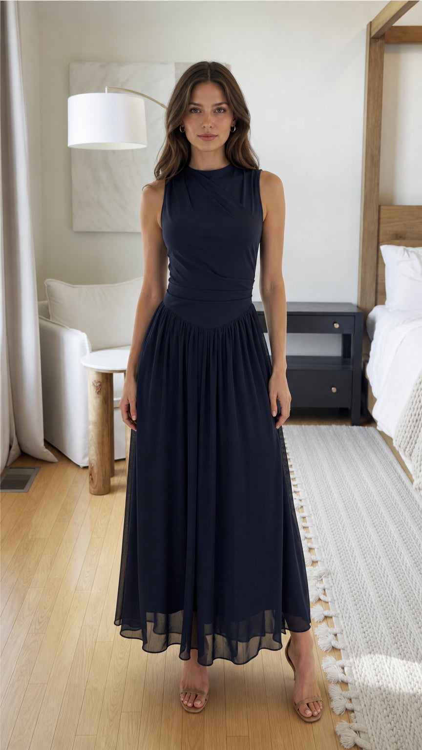 Front view of model wearing Navy chiffon maxi dress