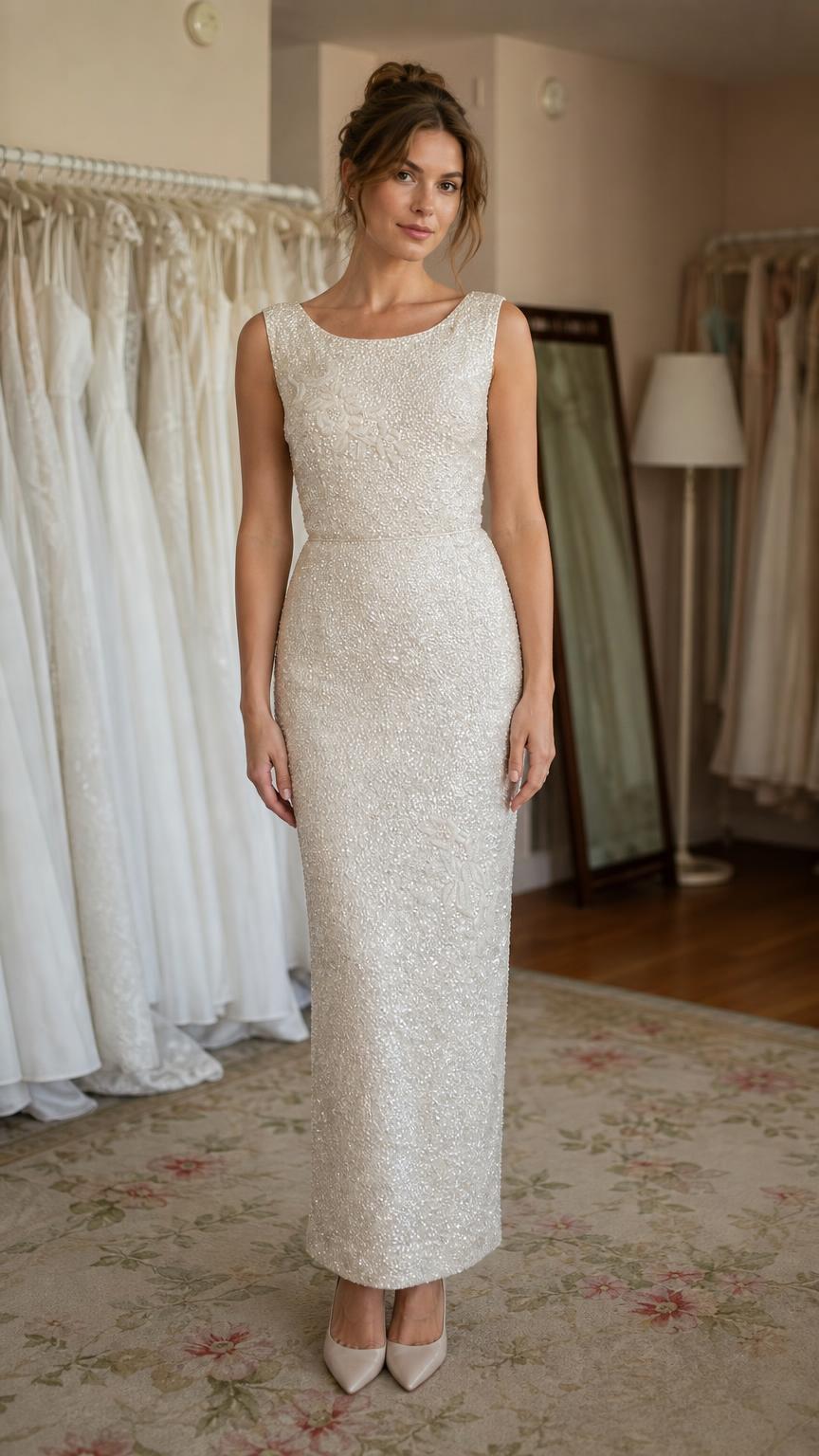 Front view of ivory sequin evening column dress