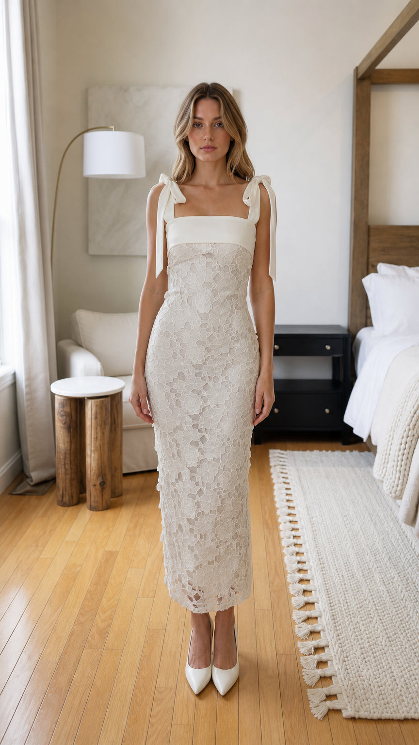 Front view of woman wearing white lace midi dress with bow straps