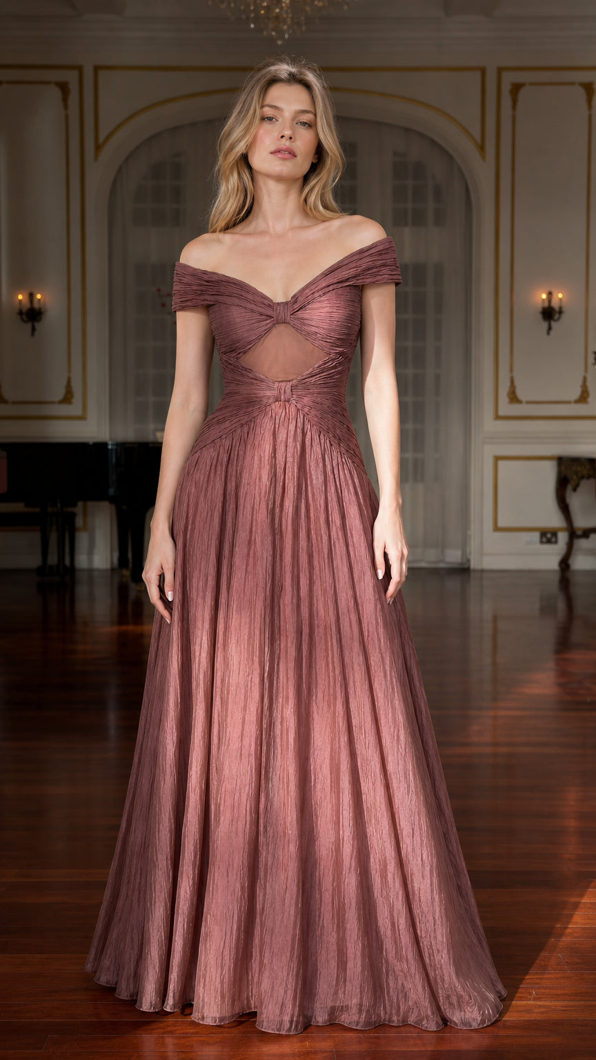 Front view of model wearing mauve off-the-shoulder pleated evening dress