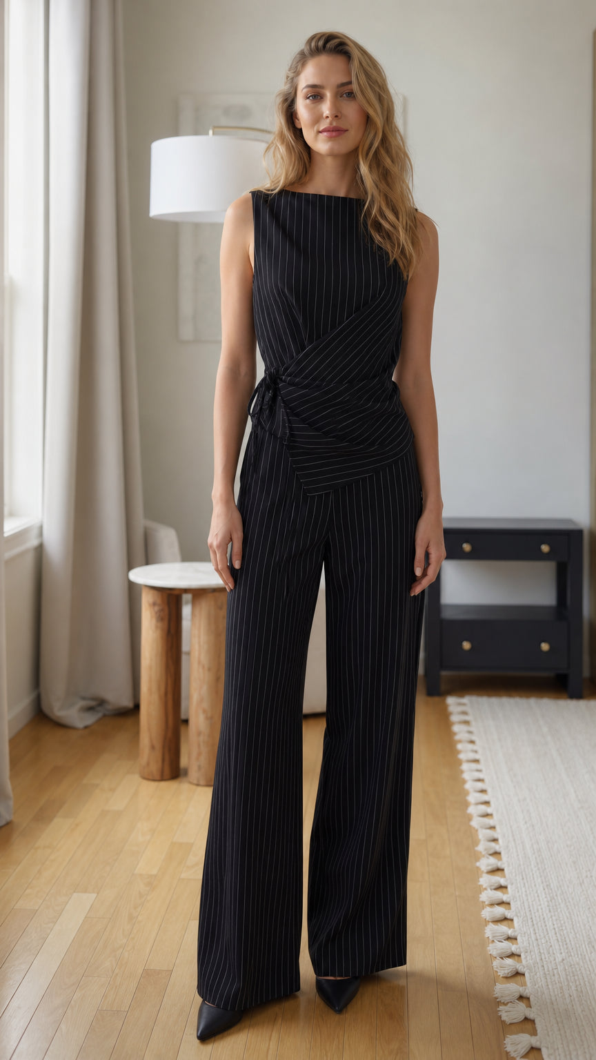 Front view of woman wearing black pinstripe wide-leg jumpsuit