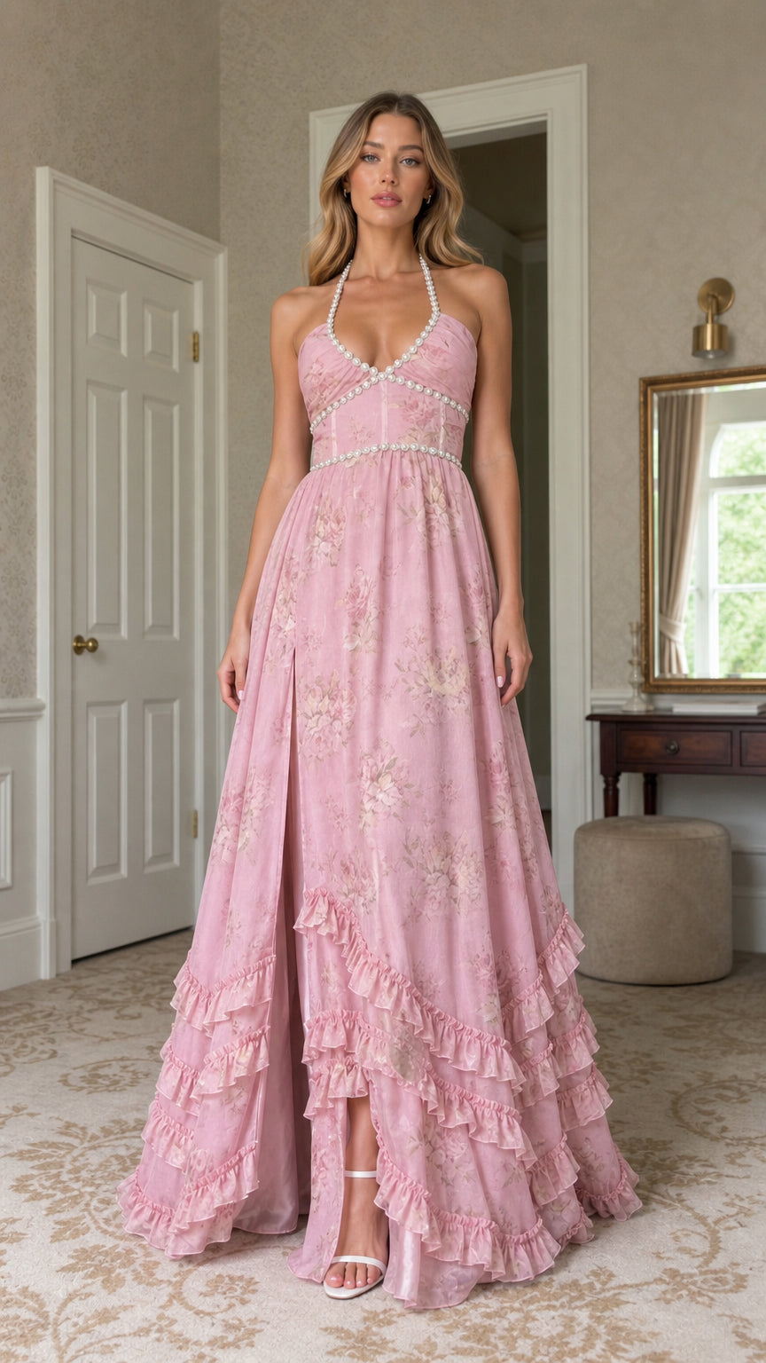 Front view of model wearing pink floral pearl-trimmed halter maxi dress with high slit