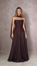 Front view of model wearing espresso brown strapless evening dress with matching scarf