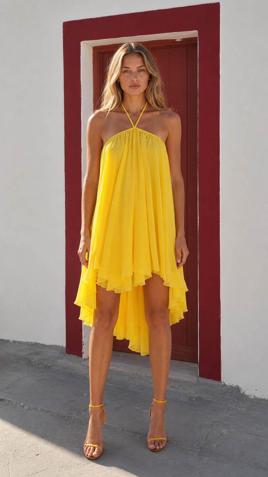 Front view of woman wearing yellow halter neck high-low dress