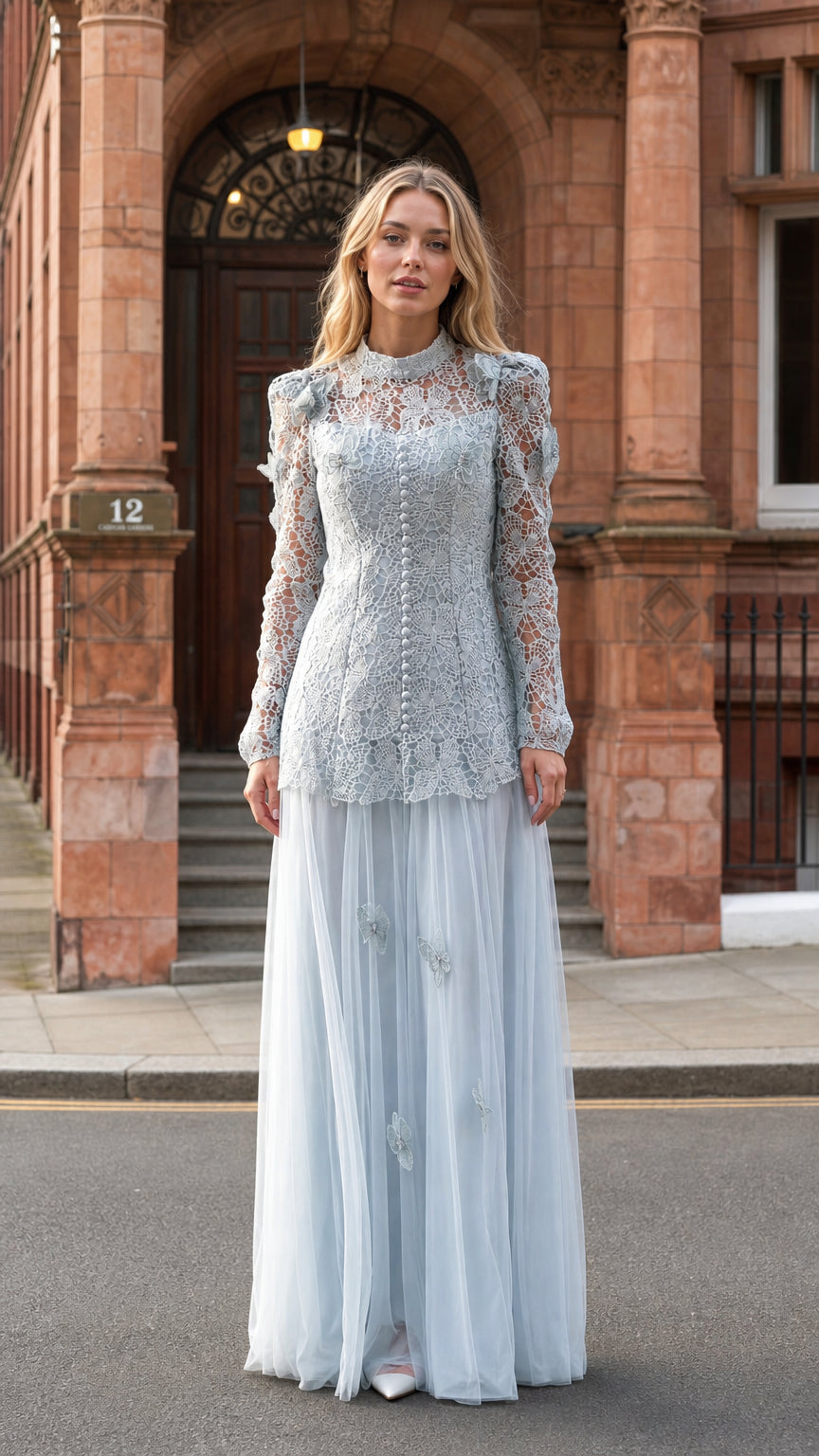 Front view of light blue lace and tulle maxi dress