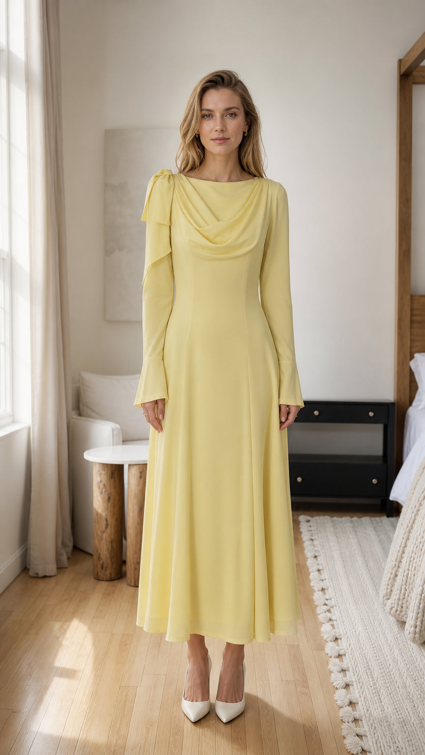 Front view of model wearing yellow cowl neck midi dress