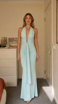 Front view of Light Blue halter plunge maxi dress