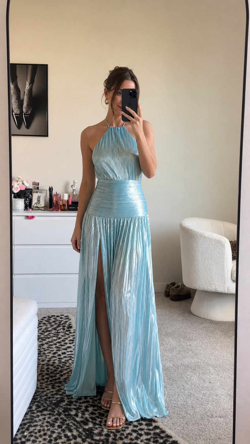 Metallic light blue halter pleated maxi dress front view