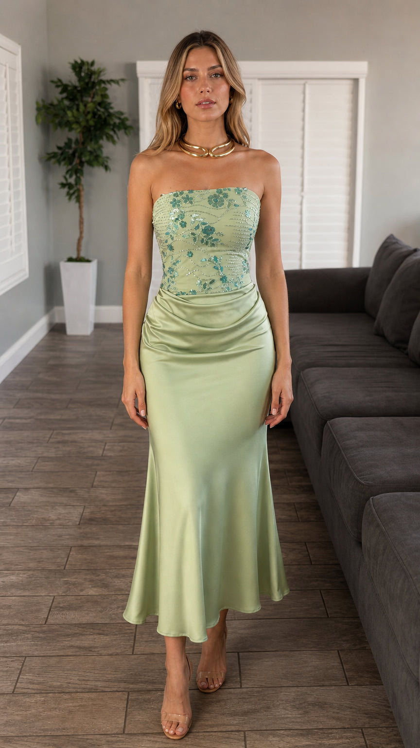 Front view of model wearing sage green beaded bodice satin midi dress