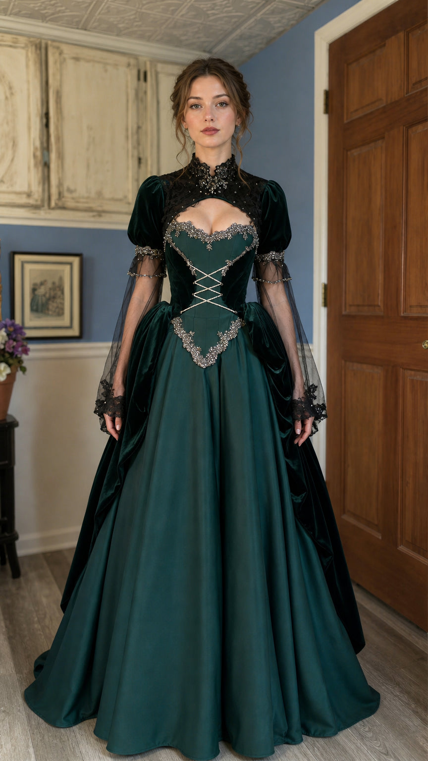 Victorian Gothic velvet ball gown in forest green, front view