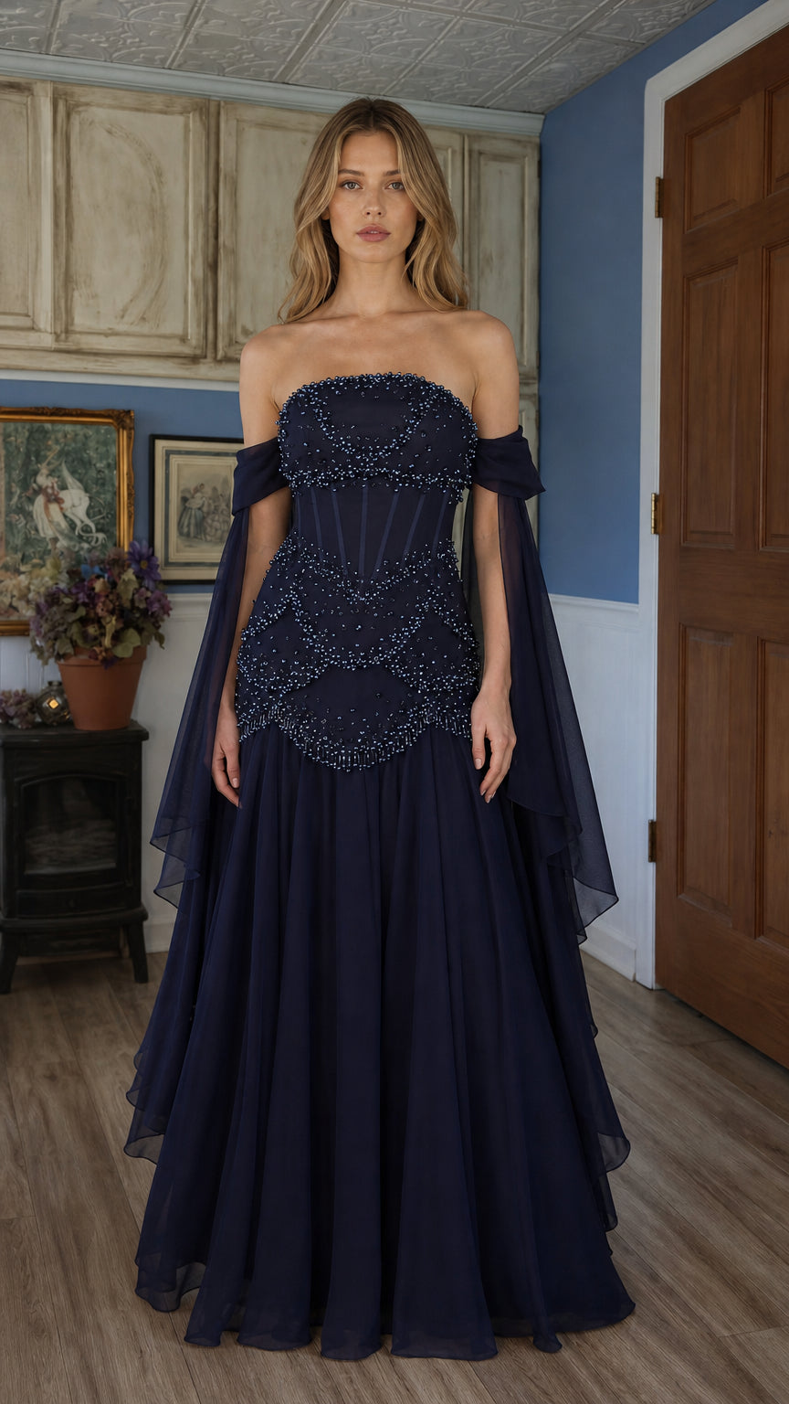 Front view of navy blue beaded off-shoulder evening gown