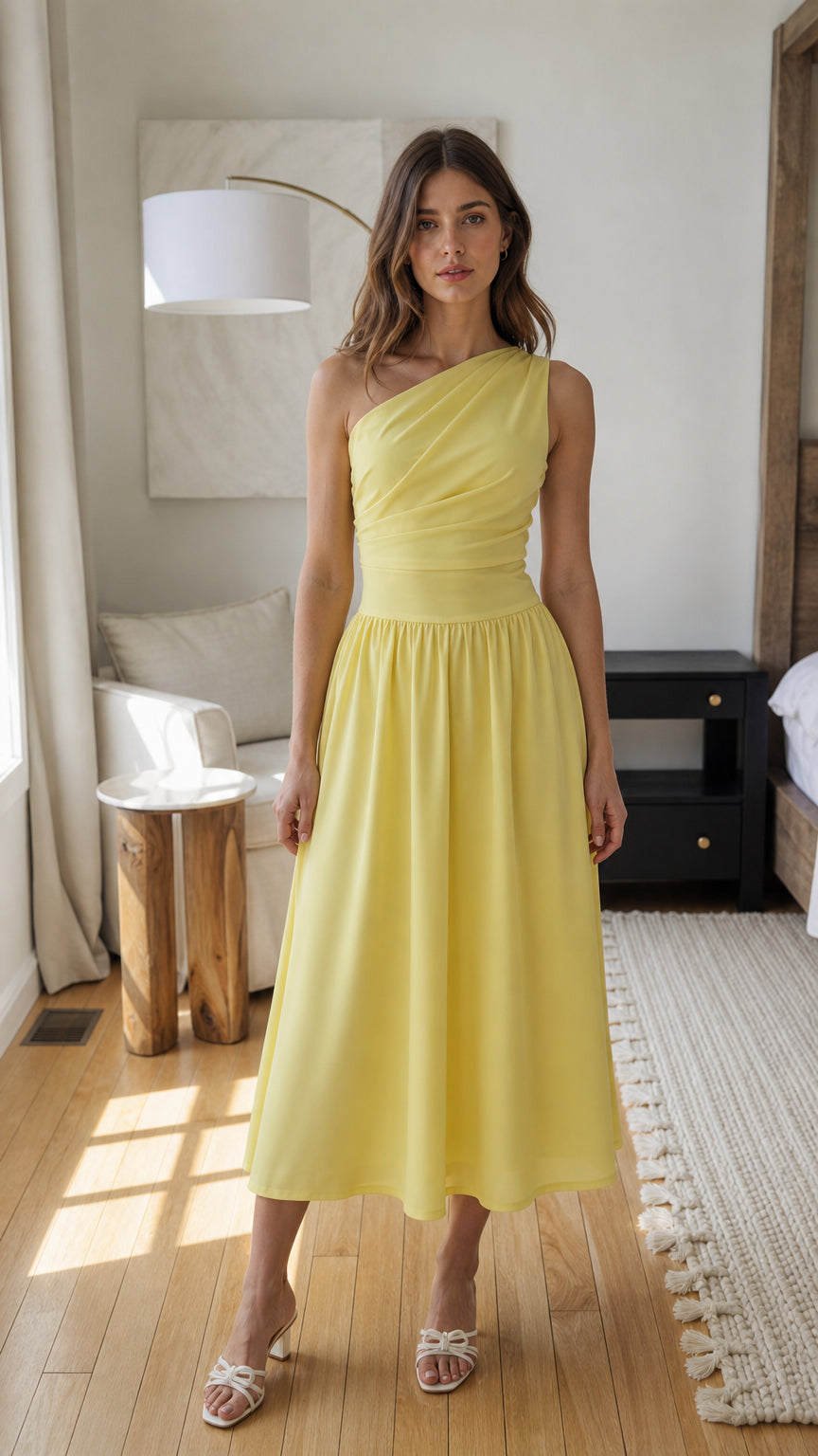 Front view of yellow one-shoulder pleated midi dress