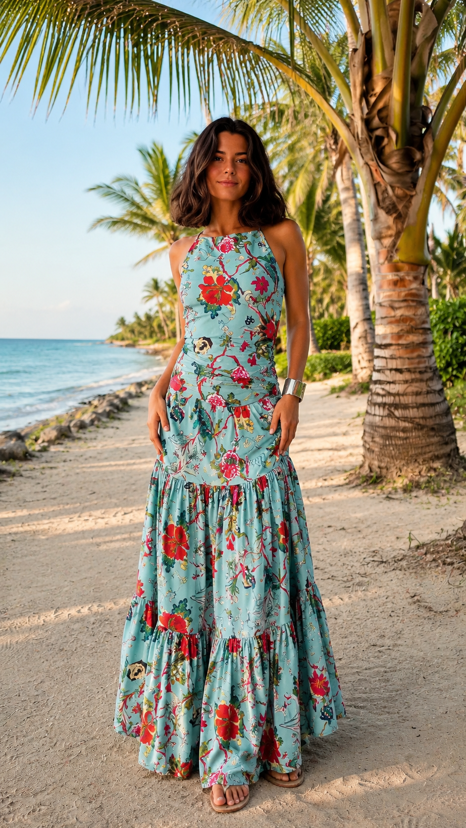 Front view of sky blue floral tiered maxi dress with high neckline