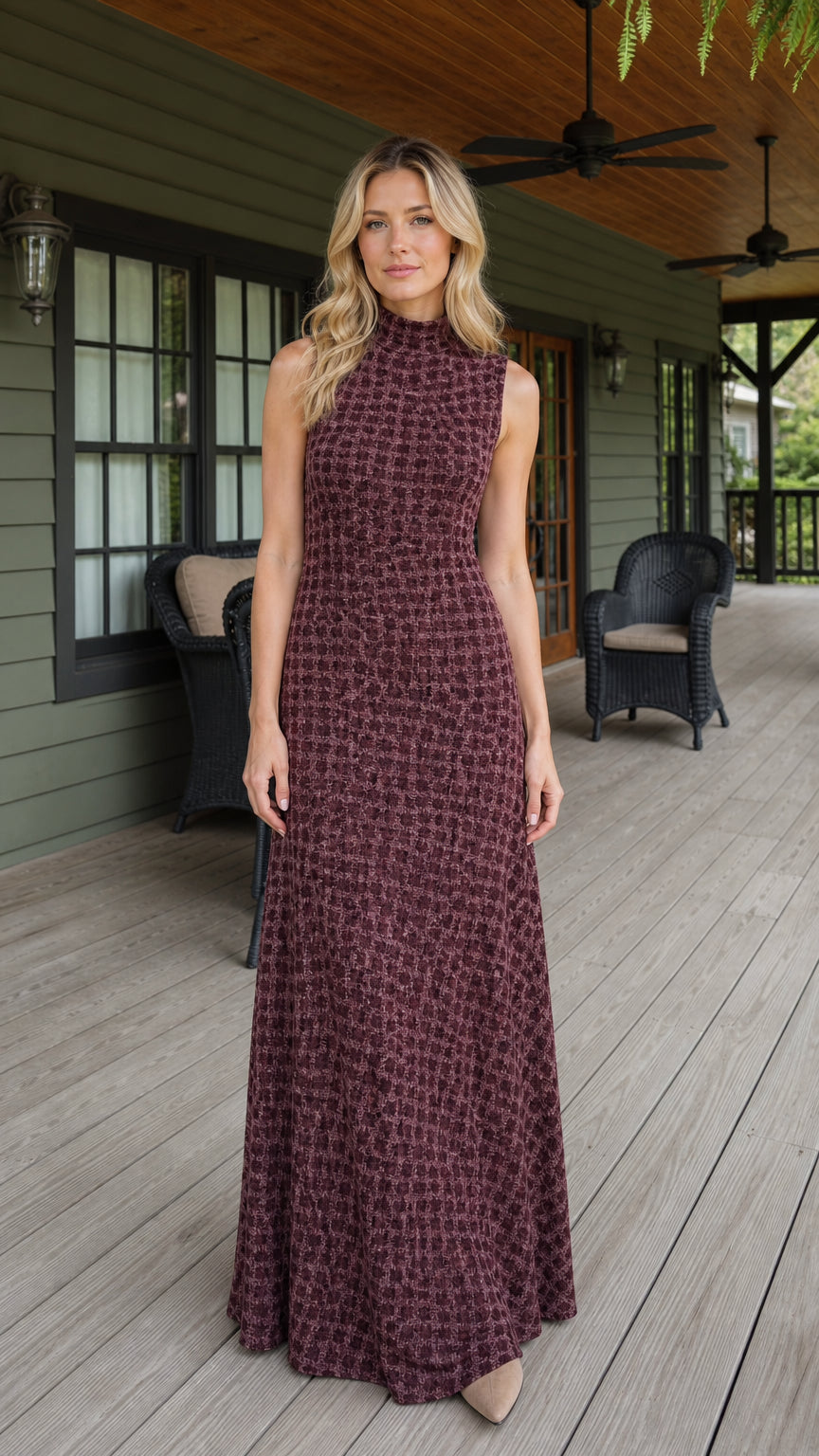 Front view of woman wearing burgundy textured mock neck sleeveless maxi dress