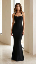 Sleek Halter Neck Mermaid Maxi Dress in Black front view