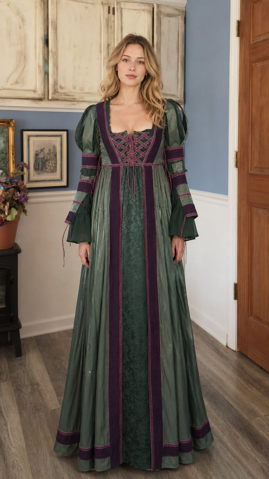 Renaissance Medieval Lace-Up Long Sleeve Maxi Dress in sage green, front view