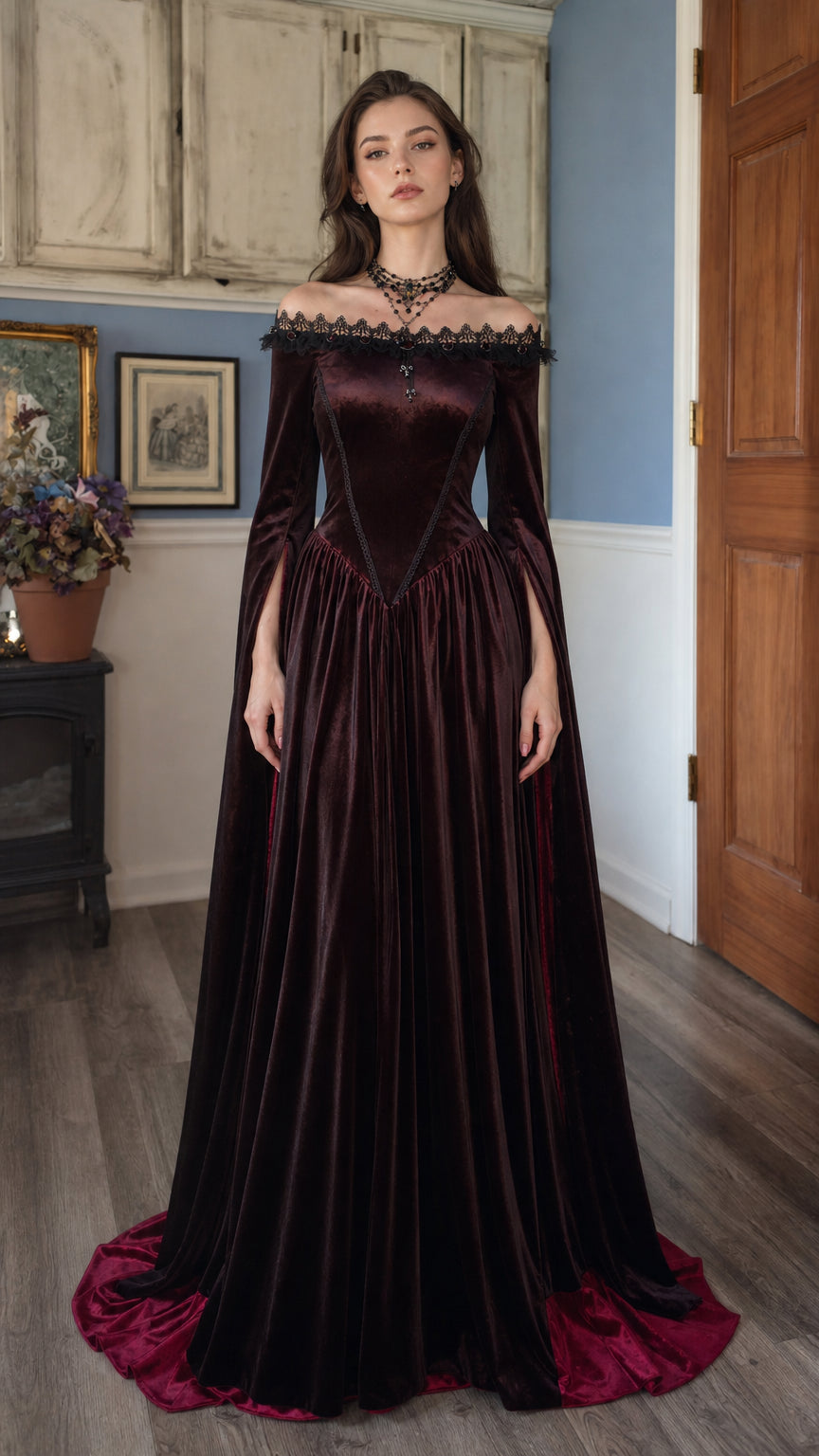 Front view of burgundy gothic off-the-shoulder velvet maxi dress