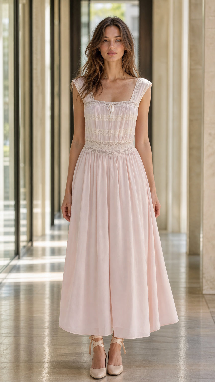 Front view of model wearing pink lace-trimmed midi dress