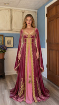 Front view of the pink Renaissance velvet medieval gown with gold embroidery