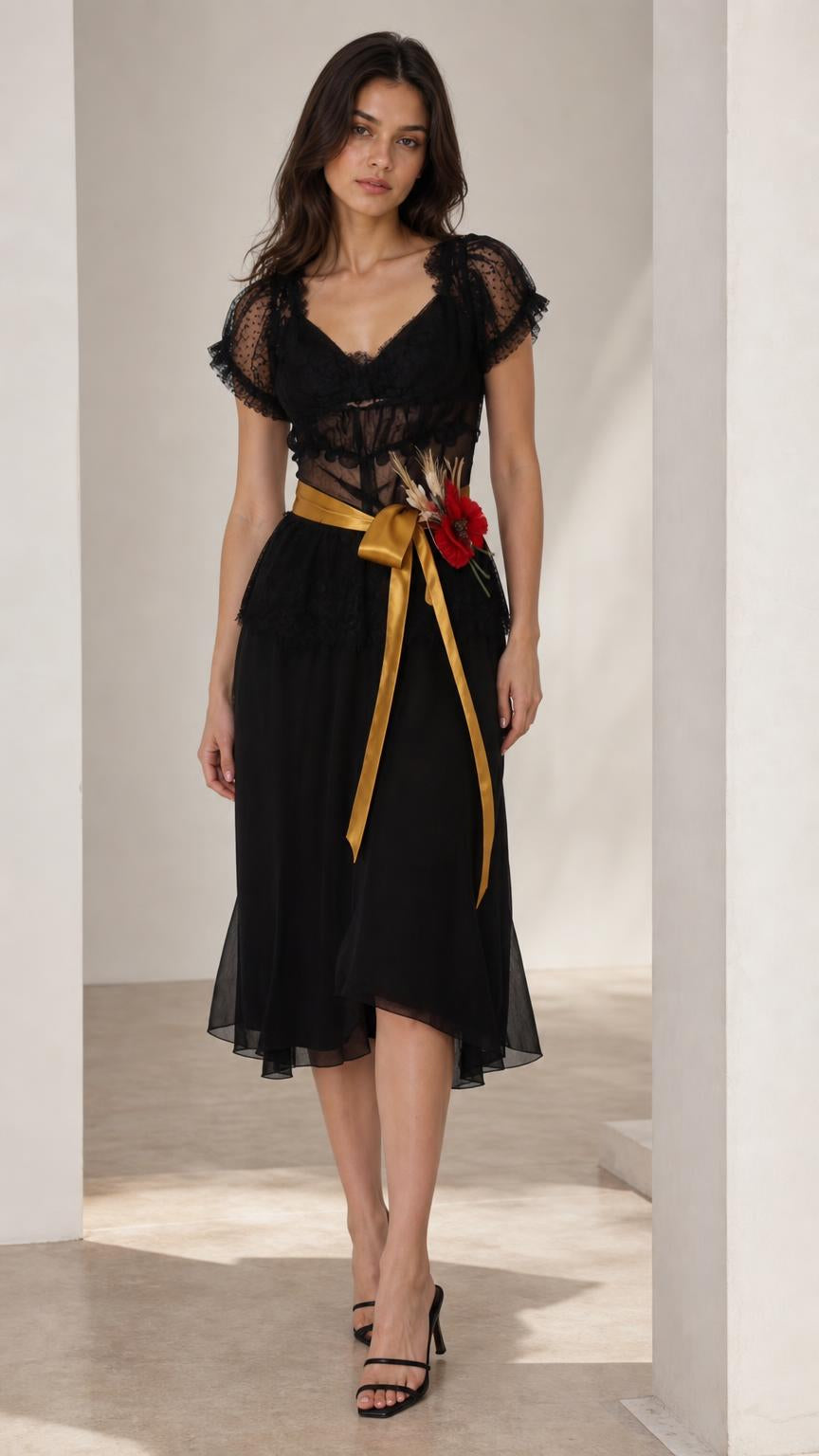 Front view of black sheer overlay midi dress with gold sash