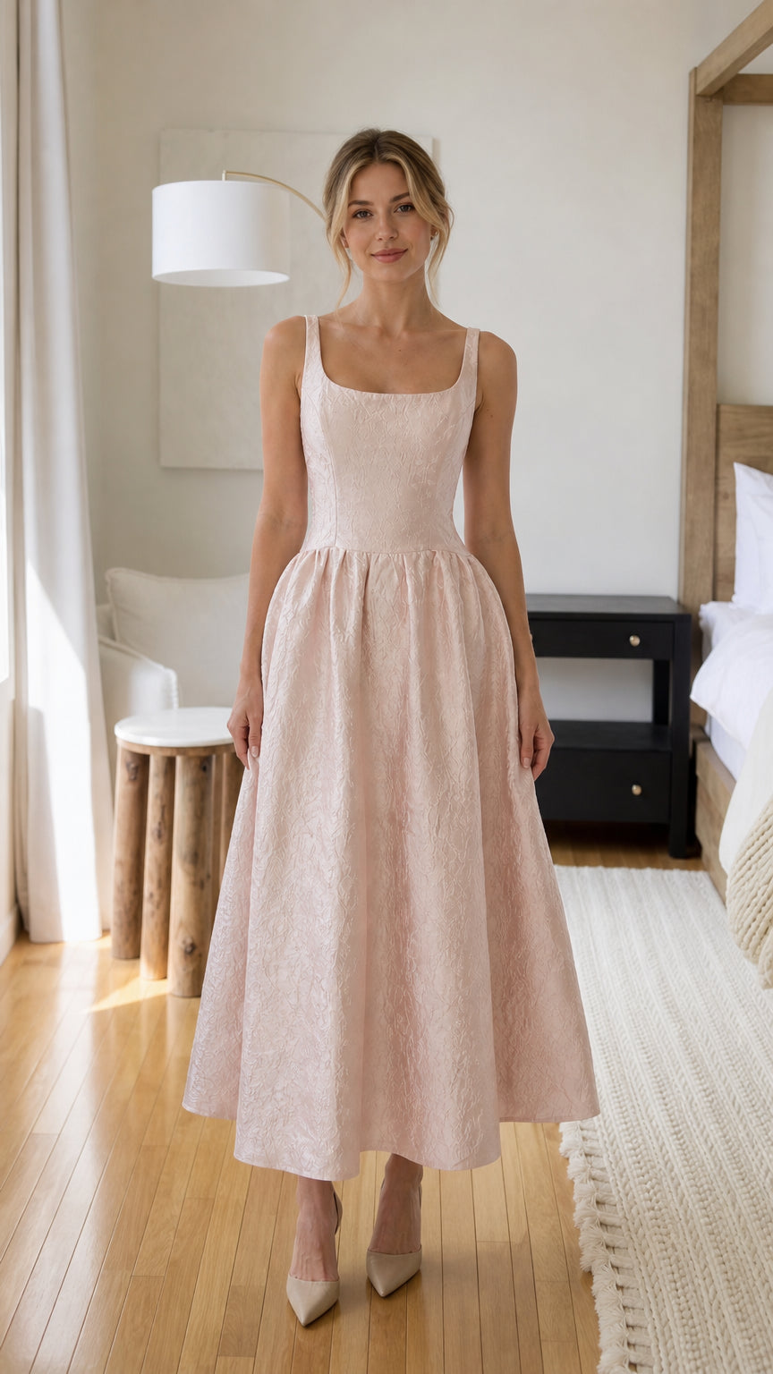 Front view of woman wearing blush pink square neck midi dress