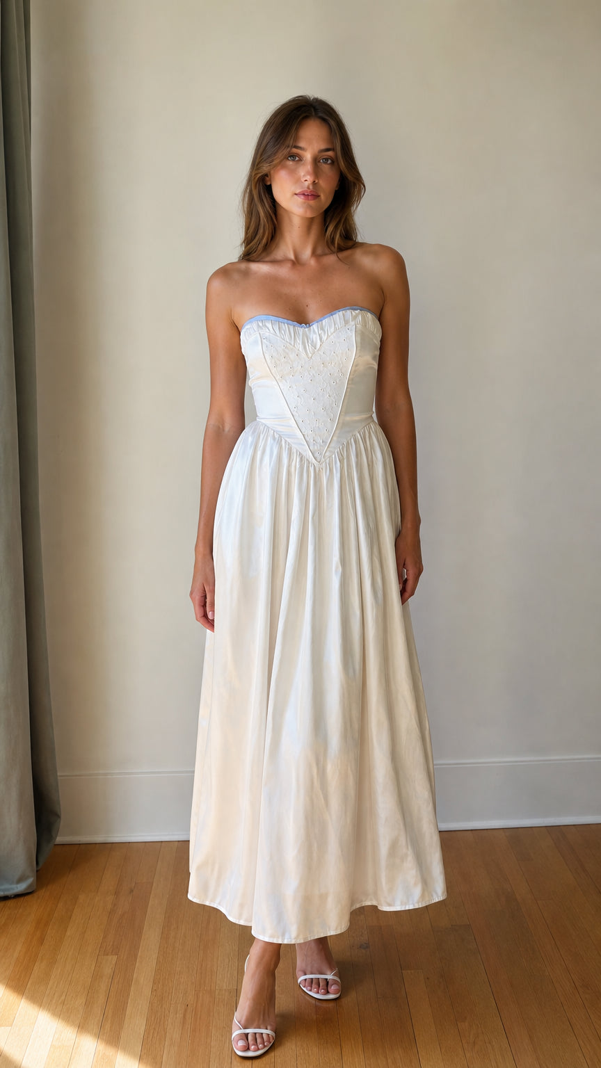 Front view of White strapless maxi dress