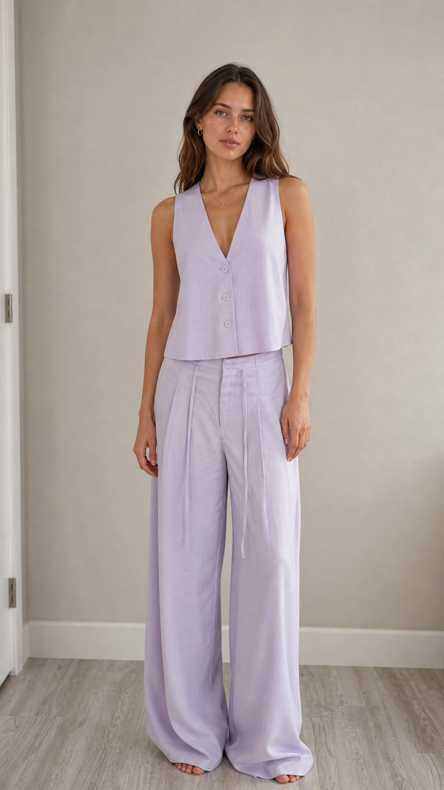 Front view of model wearing lavender sleeveless vest and wide-leg pants set