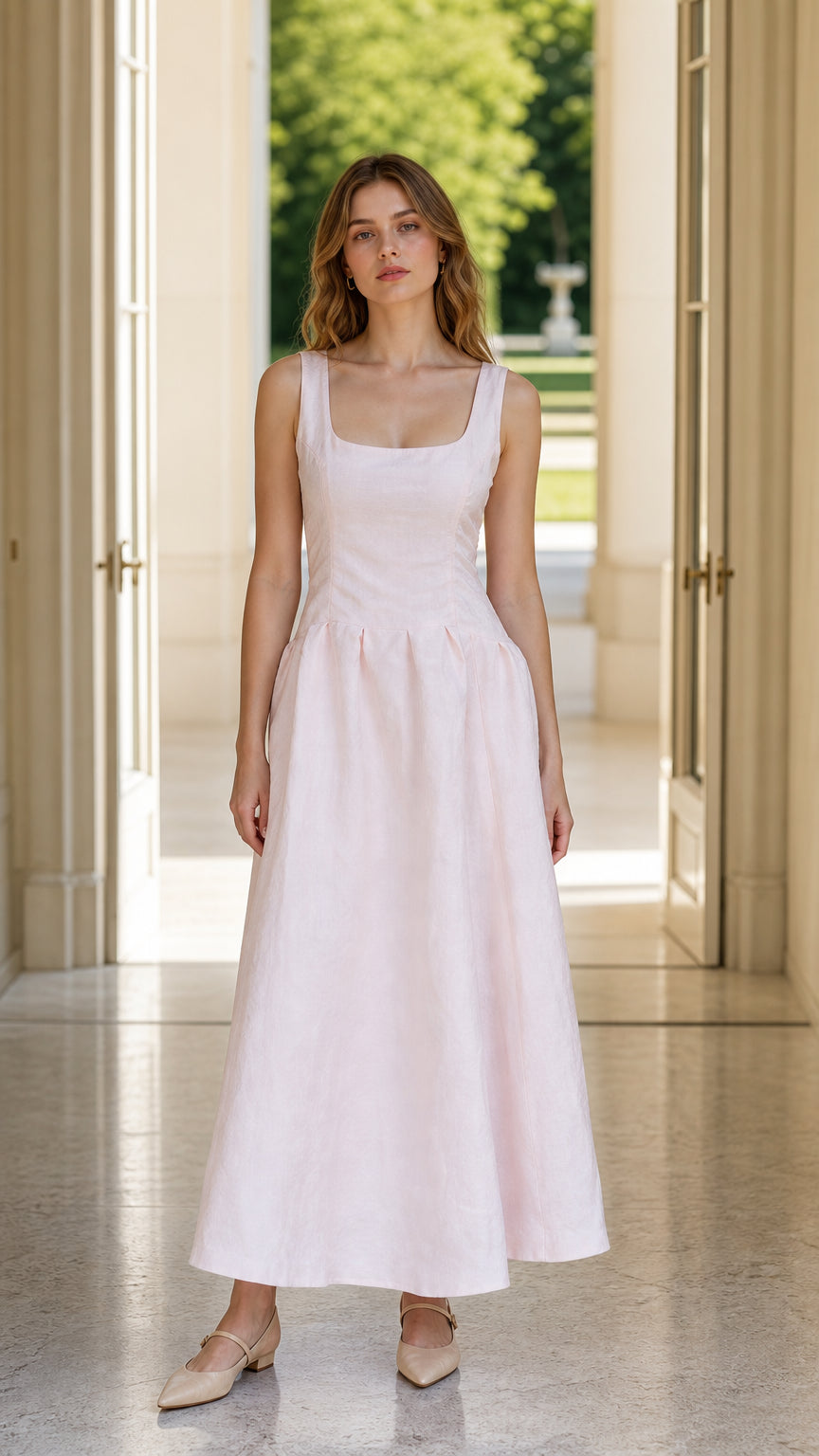 Front view of model wearing pink square neck midi dress