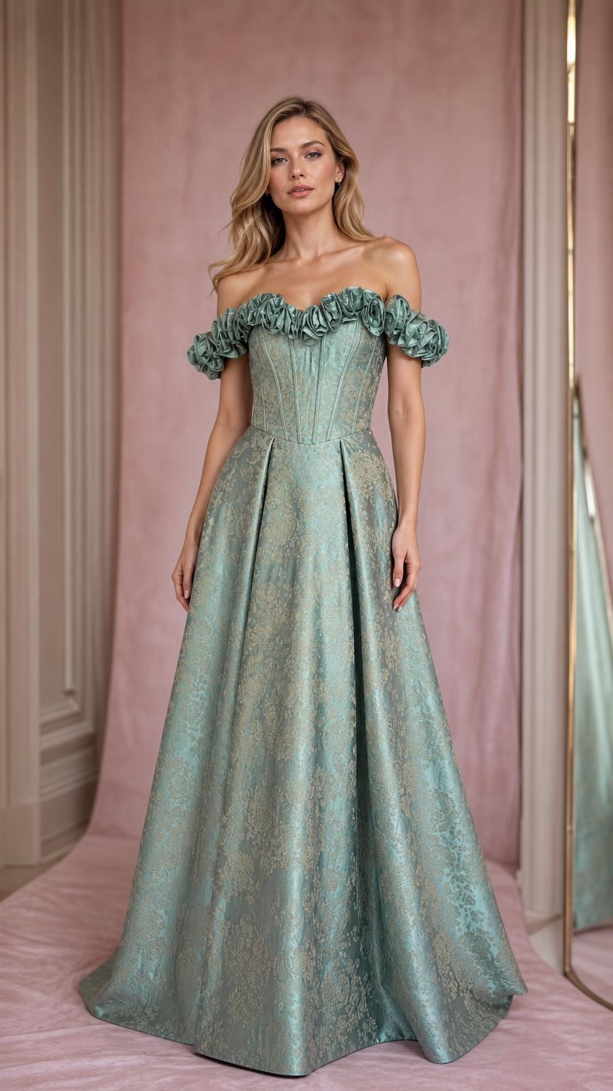 Front view of model wearing sage green off-shoulder brocade evening gown