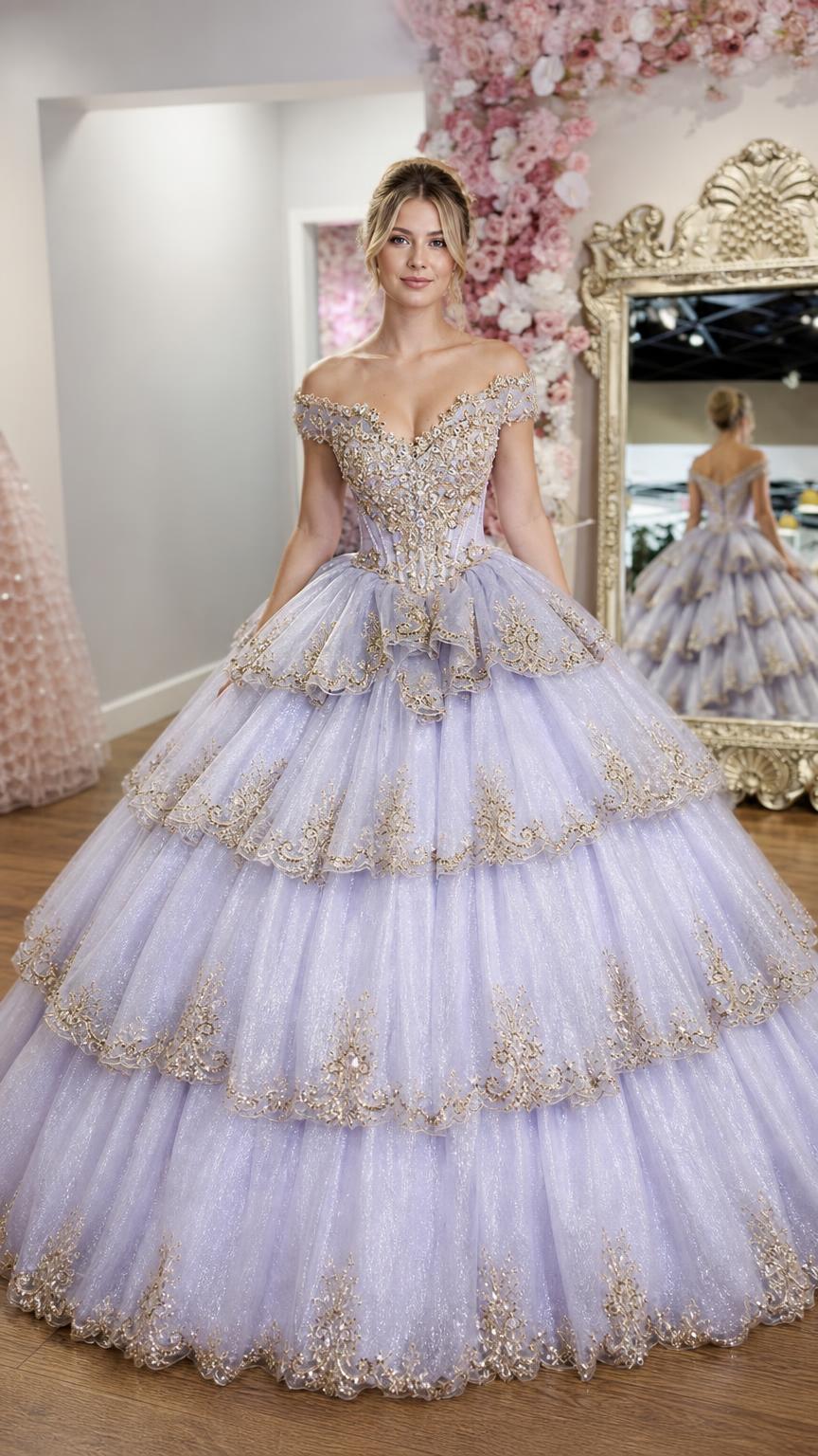 Front view of lavender off-shoulder tiered ball gown