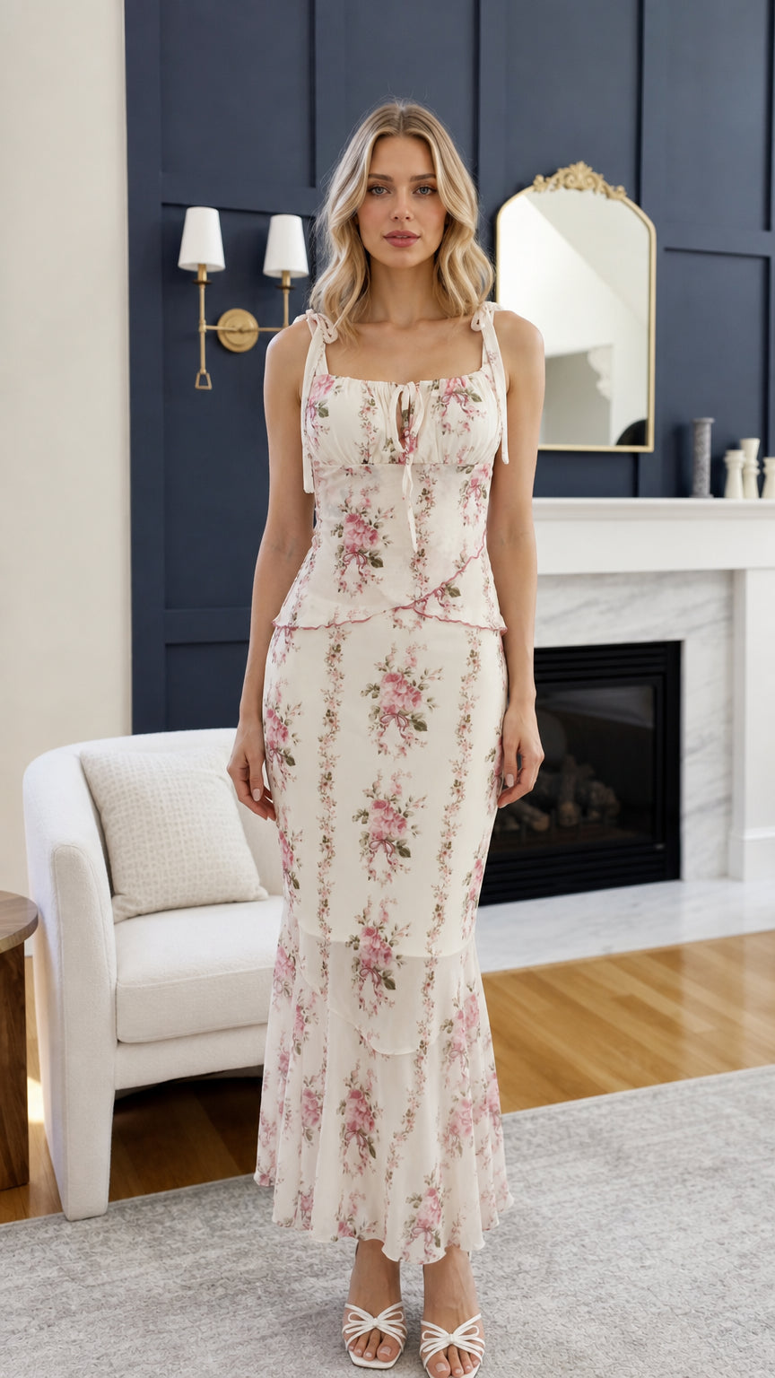 Front view of woman wearing ivory floral midi dress with tie straps