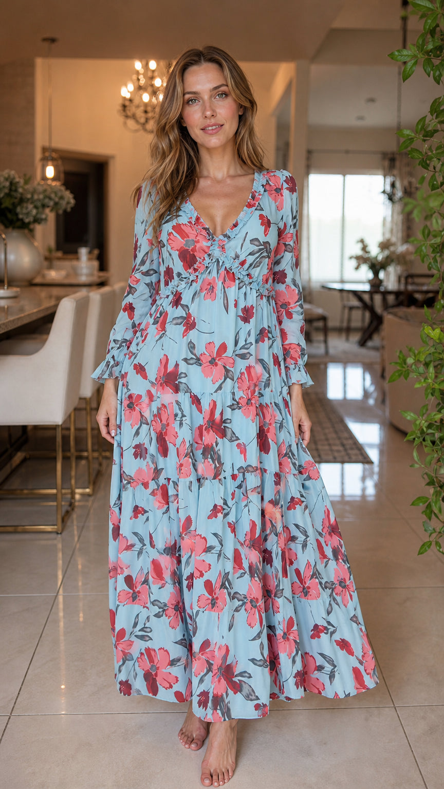 Front view of light blue floral long sleeve tiered maxi dress