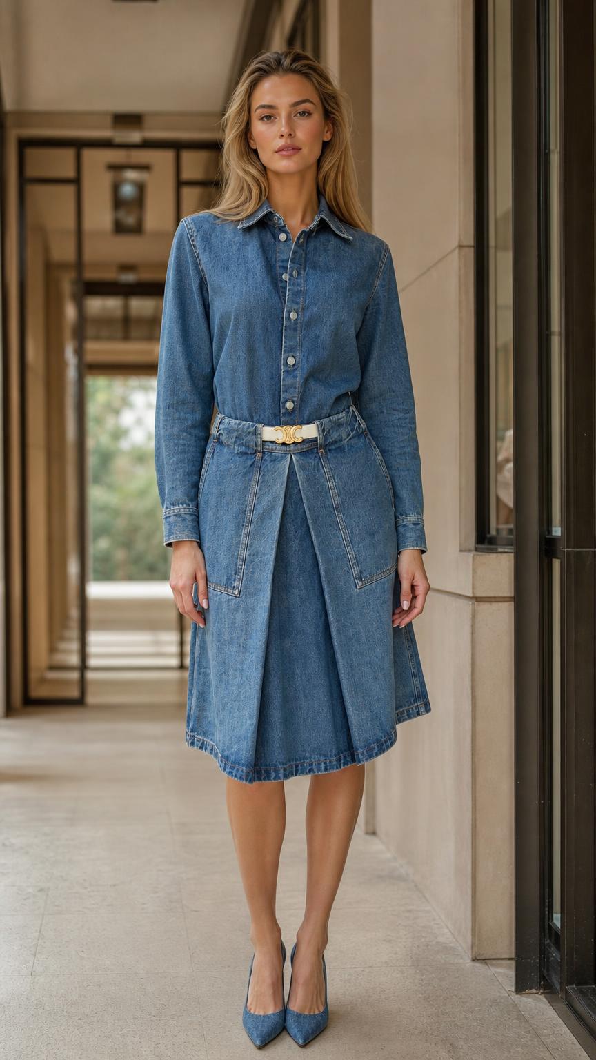 Front view of blue denim shirt dress on model